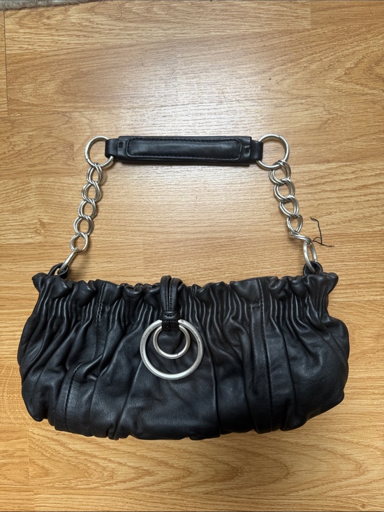 Handbags - Black Leather Bag with Silver Chain Accent